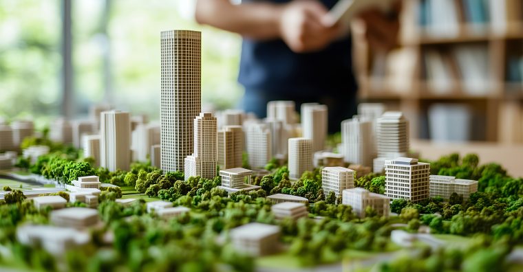 Une maquette de ville entourée d'espaces verts